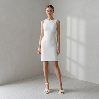 A female model posing in a structured ivory sleeveless mini dress, showcasing a modern and elegant bridal or cocktail look.