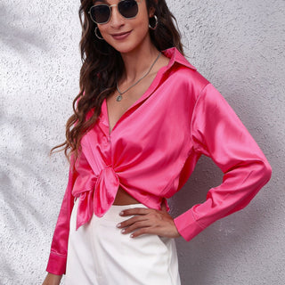 Women's Elegant Satin Blouse – Lightweight Button Collar for Office & Evening Wear