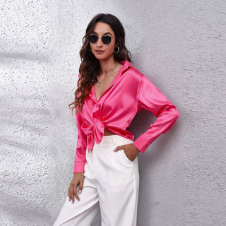 Women's Elegant Satin Blouse – Lightweight Button Collar for Office & Evening Wear