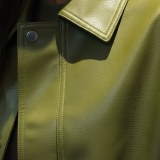 Close-up of a green leather jacket with a button