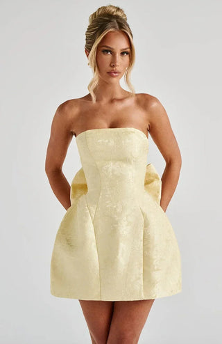 Women's Elegant Strapless Jacquard Dress – Open Back Bow Detail for Weddings & Formal Events