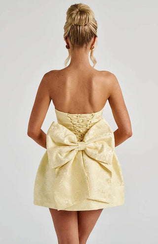 Women's Elegant Strapless Jacquard Dress – Open Back Bow Detail for Weddings & Formal Events