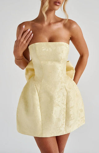 Women's Elegant Strapless Jacquard Dress – Open Back Bow Detail for Weddings & Formal Events