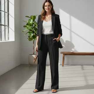 Woman in a black suit standing in a bright room with a plant and bench.