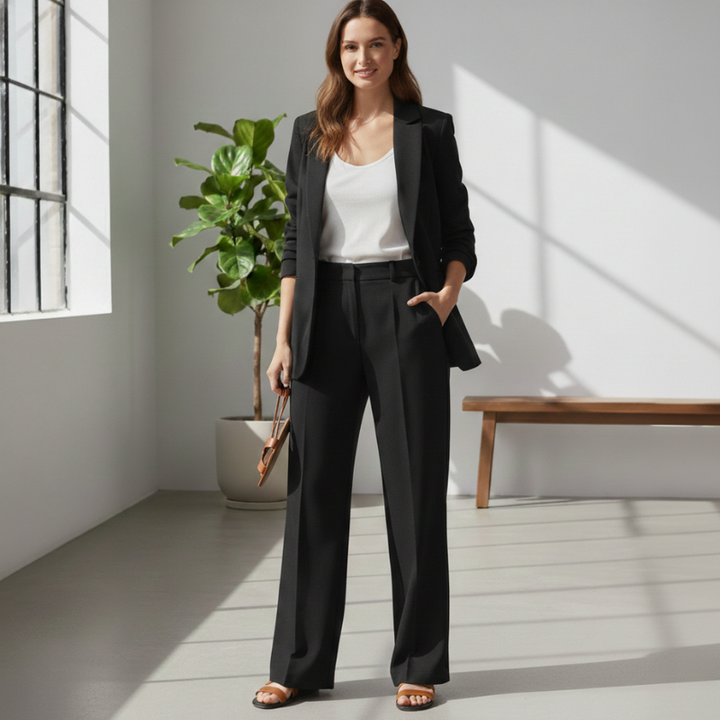 Woman in a black suit standing in a bright room with a plant and bench.