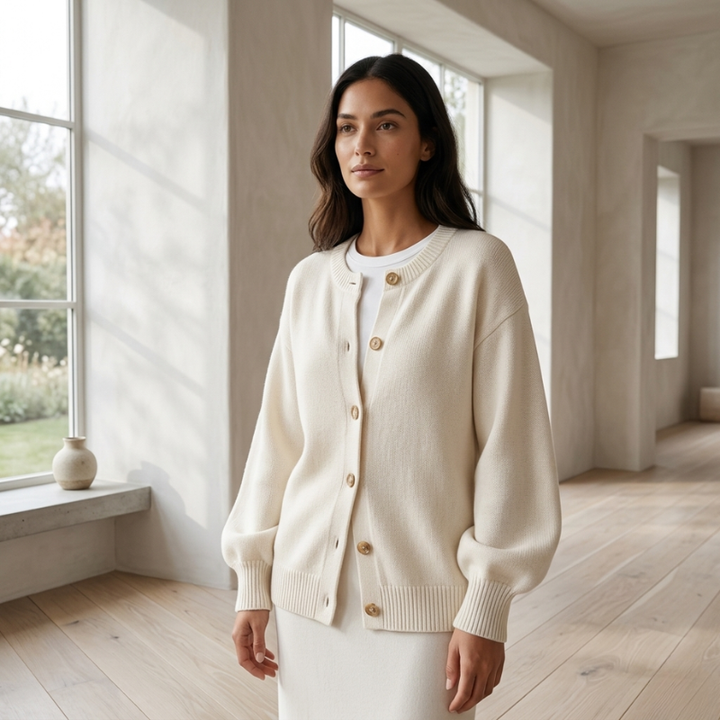 Woman wearing a cream cardigan in a bright room with large windows.