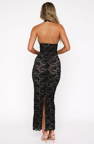 Women's Elegant Black Lace Maxi Dress – Backless Fitted for Weddings & Evening Events