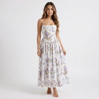Women's Elegant Floral Midi Dress – Corset Bodice A-Line Skirt for Wedding Guests