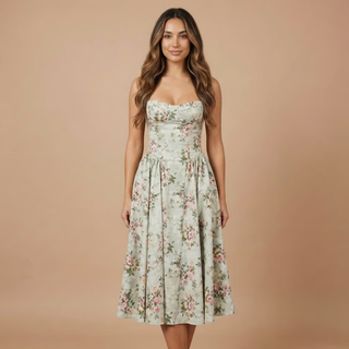 Women's Elegant Floral Midi Dress – Corset Bodice A-Line Skirt for Wedding Guests