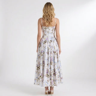 Women's Elegant Floral Midi Dress – Corset Bodice A-Line Skirt for Wedding Guests