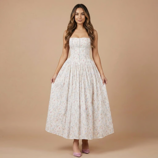 Women's Elegant Floral Midi Dress – Corset Bodice A-Line Skirt for Wedding Guests