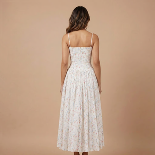 Women's Elegant Floral Midi Dress – Corset Bodice A-Line Skirt for Wedding Guests
