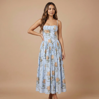 Women's Elegant Floral Midi Dress – Corset Bodice A-Line Skirt for Wedding Guests