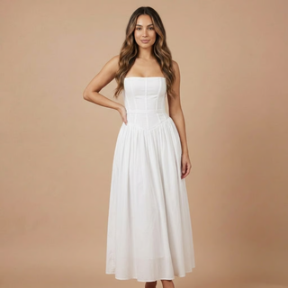 Women's Elegant Floral Midi Dress – Corset Bodice A-Line Skirt for Wedding Guests