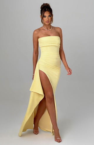 Women's Elegant Yellow Maxi Dress – Strapless High Slit for Summer Weddings & Parties