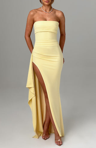 Women's Elegant Yellow Maxi Dress – Strapless High Slit for Summer Weddings & Parties