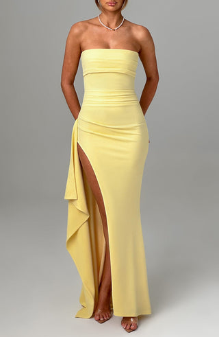 Women's Elegant Yellow Maxi Dress – Strapless High Slit for Summer Weddings & Parties