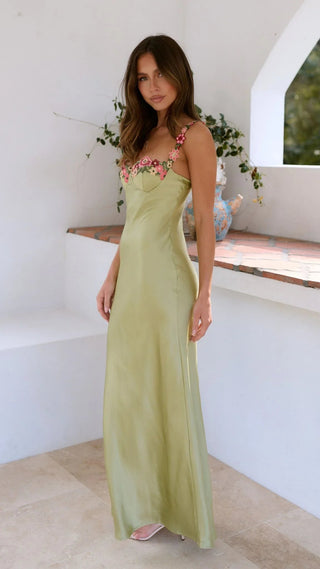 Women's Elegant Floral Maxi Dress – Light Green Fitted Silhouette for Summer & Casual Events