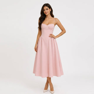 Women's Elegant A-Line Midi Dress – Corset Bodice & Slim Straps for Weddings & Evening