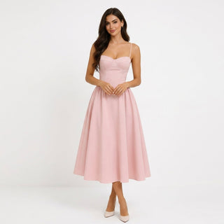 Women's Elegant A-Line Midi Dress – Corset Bodice & Slim Straps for Weddings & Evening