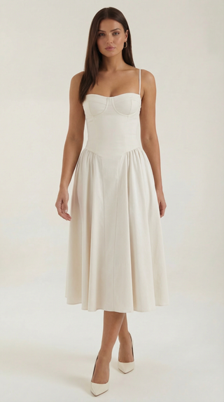 Women's Elegant Floral Midi Dress – Sweetheart Neckline & Spaghetti Straps for Wedding Guests