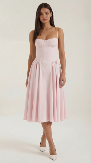 Women's Elegant Floral Midi Dress – Sweetheart Neckline & Spaghetti Straps for Wedding Guests