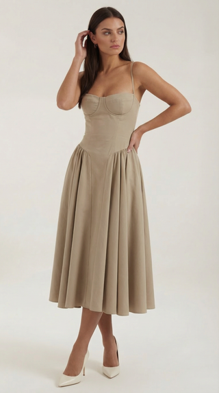 Women's Elegant Floral Midi Dress – Sweetheart Neckline & Spaghetti Straps for Wedding Guests