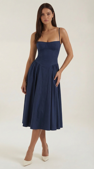 Women's Elegant Floral Midi Dress – Sweetheart Neckline & Spaghetti Straps for Wedding Guests