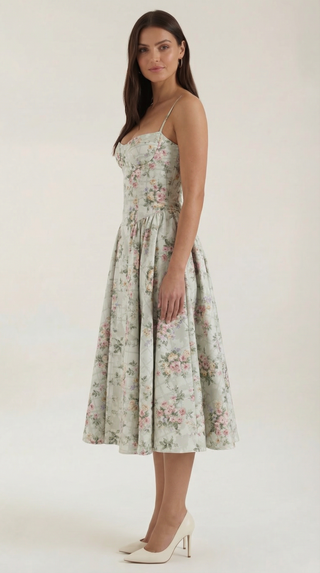 Women's Elegant Floral Midi Dress – Sweetheart Neckline & Spaghetti Straps for Wedding Guests