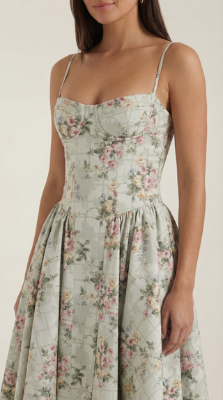 Women's Elegant Floral Midi Dress – Sweetheart Neckline & Spaghetti Straps for Wedding Guests