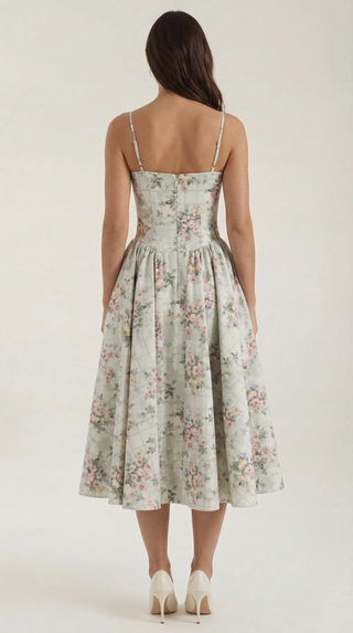 Women's Elegant Floral Midi Dress – Sweetheart Neckline & Spaghetti Straps for Wedding Guests
