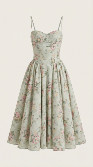 Women's Elegant Floral Midi Dress – Sweetheart Neckline & Spaghetti Straps for Wedding Guests