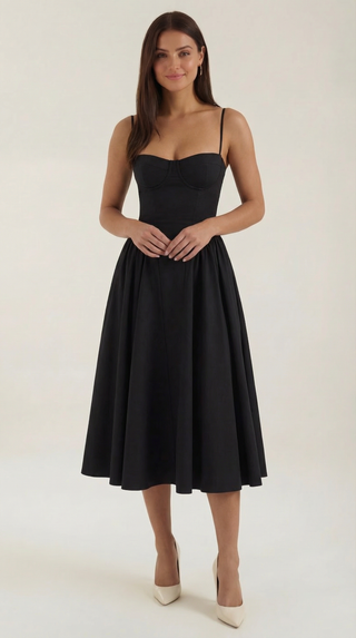 Women's Elegant Floral Midi Dress – Sweetheart Neckline & Spaghetti Straps for Wedding Guests