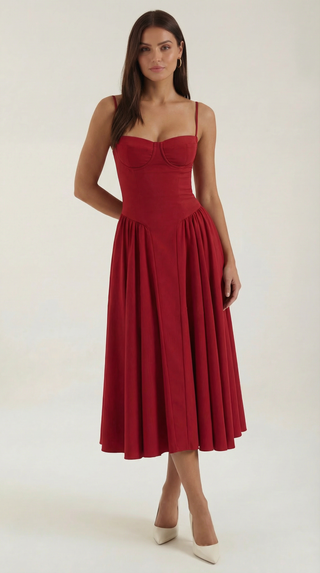Women's Elegant Floral Midi Dress – Sweetheart Neckline & Spaghetti Straps for Wedding Guests