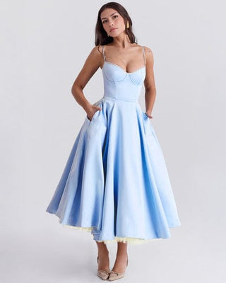 Women's Elegant Ruffle Neckline Midi Dress – Lace Trim Fitted Bodice for Wedding Guests