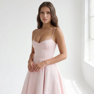 Women's Elegant Ruffle Neckline Midi Dress – Lace Trim Fitted Bodice for Wedding Guests