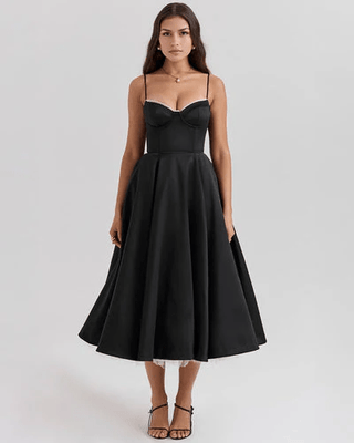 Women's Elegant Ruffle Neckline Midi Dress – Lace Trim Fitted Bodice for Wedding Guests
