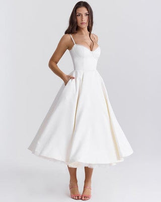 Women's Elegant Ruffle Neckline Midi Dress – Lace Trim Fitted Bodice for Wedding Guests