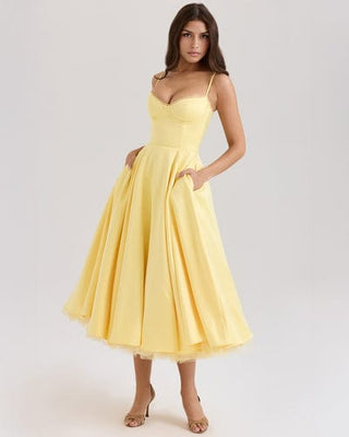Women's Elegant Ruffle Neckline Midi Dress – Lace Trim Fitted Bodice for Wedding Guests