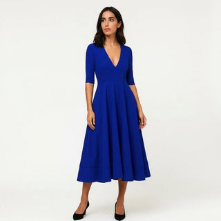 Women's Elegant V-Neck A-Line Midi Dress – Short Sleeve Summer Wedding Guest Dress