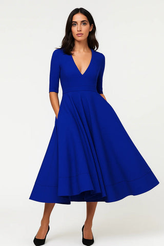 Women's Elegant V-Neck A-Line Midi Dress – Short Sleeve Summer Wedding Guest Dress