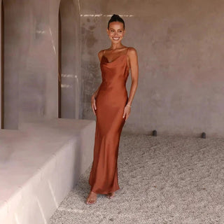 Women's Elegant Satin Cowl Neck Dress – Sleeveless Adjustable Straps for Wedding Guests