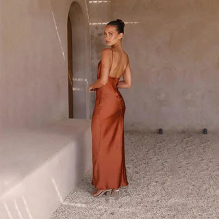 Women's Elegant Satin Cowl Neck Dress – Sleeveless Adjustable Straps for Wedding Guests