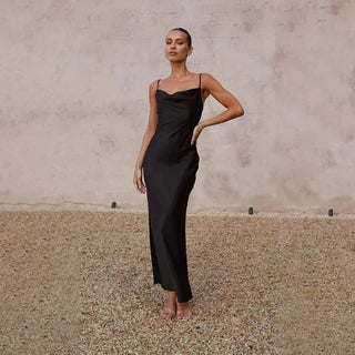 Women's Elegant Satin Cowl Neck Dress – Sleeveless Adjustable Straps for Wedding Guests