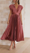 Women's Pleated Draped V-Neck Maxi Dress