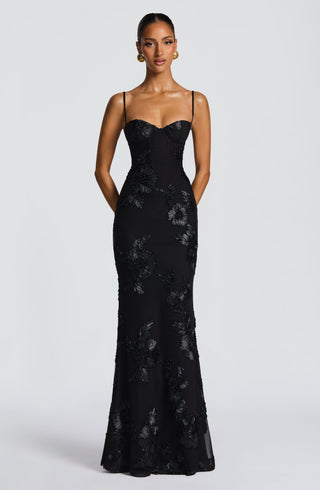 Women's Elegant Floral Maxi Dress – Open Back & Flared Skirt for Evening & Special Occasions