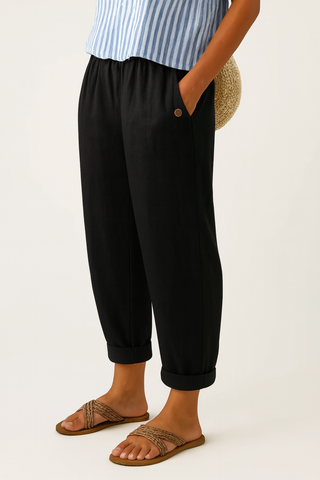 Women's Linen-Cotton Pants – Relaxed Fit Elastic Waist with Pockets for Summer & Casual Wear