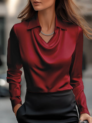 Women's Elegant Satin Cowl Neck Blouse – Long Sleeve Lightweight Draped for Office & Evening