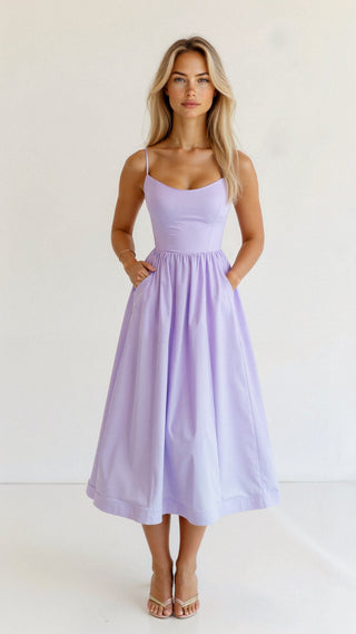 Women's Elegant Spaghetti Strap Midi Dress – A-Line for Wedding Guests