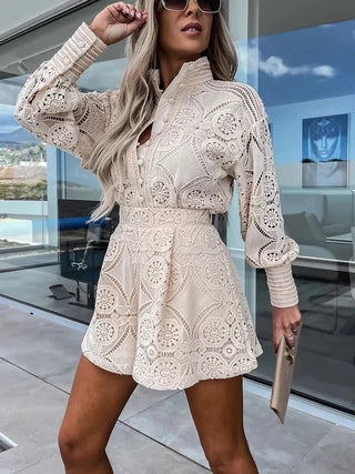 Women's Boho Two-Piece Set – Airy Openwork Top & Skirt for Summer & Beach Occasions